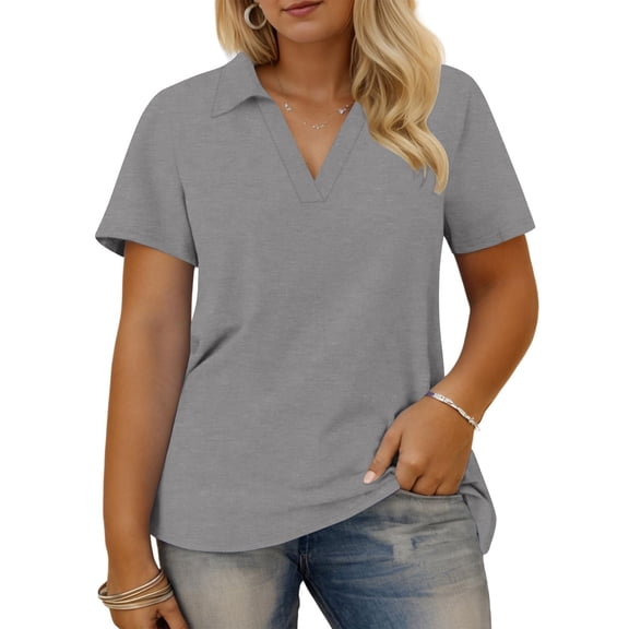 Olyvenn Plus-Size-Summer-Tops for Women Collared V Neck Button Collared Shirts Flowy Tunics Trendy Short Sleeve Blouses Gray L