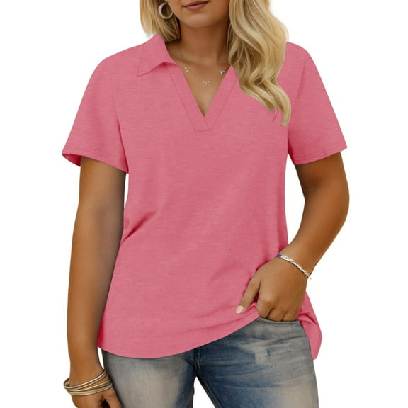 Olyvenn Plus-Size-Summer-Tops for Women Collared V Neck Button Collared Shirts Flowy Tunics Trendy Short Sleeve Blouses Pink L