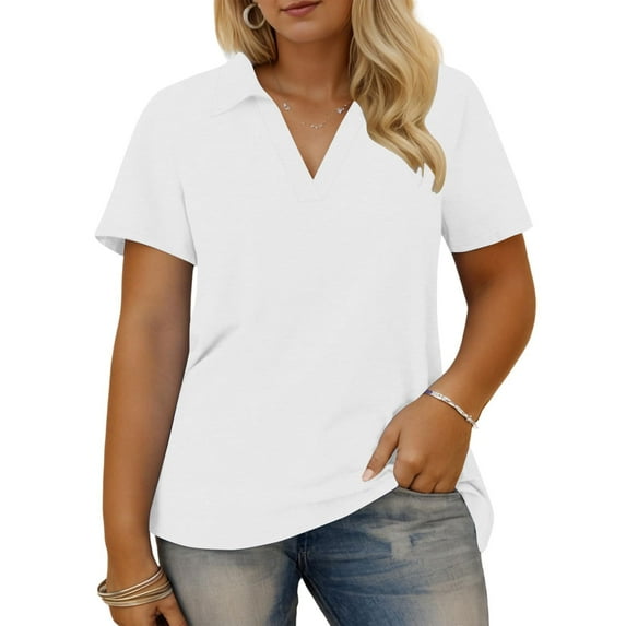 Olyvenn Plus-Size-Summer-Tops for Women Collared V Neck Button Collared Shirts Flowy Tunics Trendy Short Sleeve Blouses White XXXL