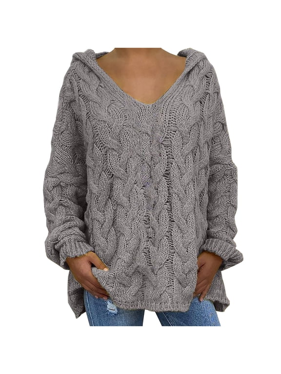Plus Size Sweaters for Women Casual V Neck Long Sleeve Chunky Cable Knit Hooded Pullover Sweaters Trendy Fall Clothes Gray XL