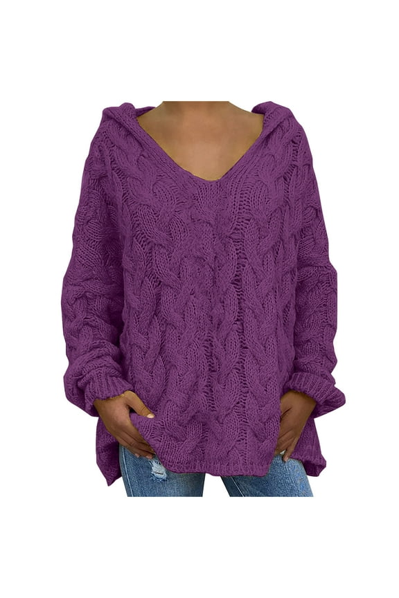 Plus Size Sweaters for Women Casual V Neck Long Sleeve Chunky Cable Knit Hooded Pullover Sweaters Trendy Fall Clothes Purple XXXL