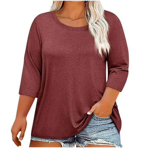 Fashion Olyvenn Plus Size Tops for Women 3/4 Sleeve Round Neck Tunic Tops Loose Fit Solid Basic Tshirts Trendy Summer Blouses Wine XXXXXL