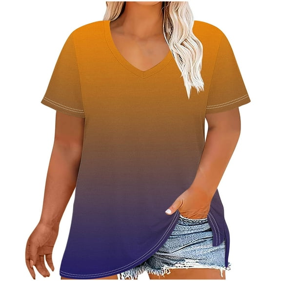 Olyvenn Plus Size Tops for Women Casual Summer T Shirts V Neck Short Sleeve Tunics Gradient Loose Basic Tees Light Blue XXL