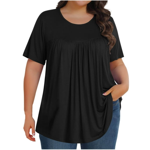 Olyvenn Plus Size Tops for Women Dressy Crew Neck Boho Summer Blouses Pleated Tunic Tops to Hide Belly Loose Fit Black XXL
