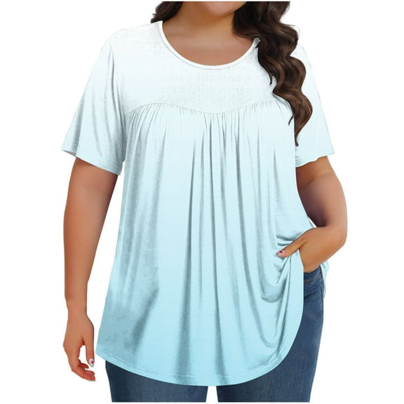 Olyvenn Plus Size Tops for Women Pleated Front Crewneck Short Sleeve Blouses Gradient 2025 Summer Tunic Shirts Flowy Tees Light Blue XXXXXL