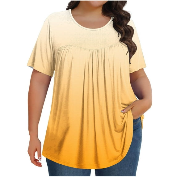 Olyvenn Plus Size Tops for Women Pleated Front Crewneck Short Sleeve Blouses Gradient 2025 Summer Tunic Shirts Flowy Tees Orange XXXXL