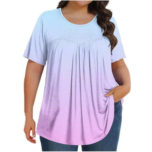 Olyvenn Plus Size Tops for Women Pleated Front Crewneck Short Sleeve Blouses Gradient 2025 Summer Tunic Shirts Flowy Tees Purple L
