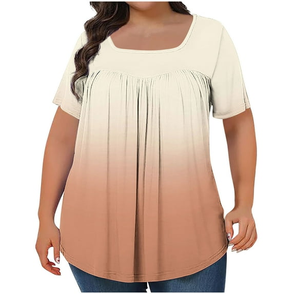 Olyvenn Plus Size Tops for Women Pleated Front Square Neck Short Sleeve Blouses 2025 Summer Tunic Shirts Flowy Gradient Tops Yellow XXXXXL