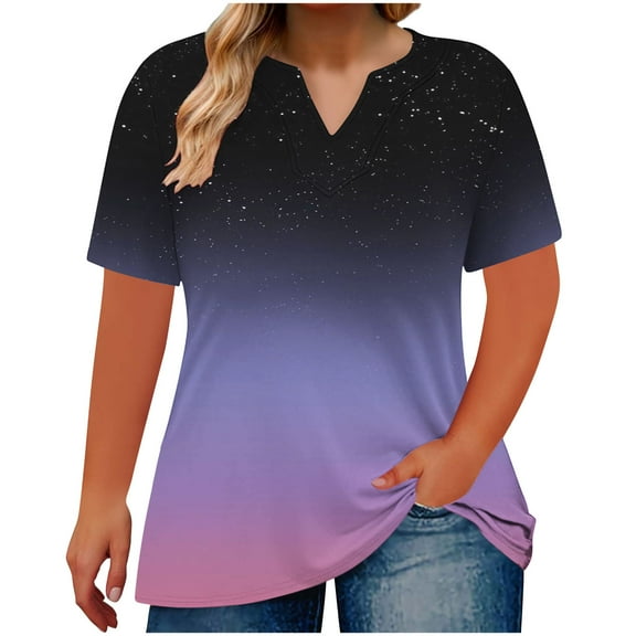 Olyvenn Plus Size Tops for Women Short Sleeve V Neck Gradient Shirts Slim Fit Tunic Dressy Casual Tshirt Boho Summer Blouses Purple XXL