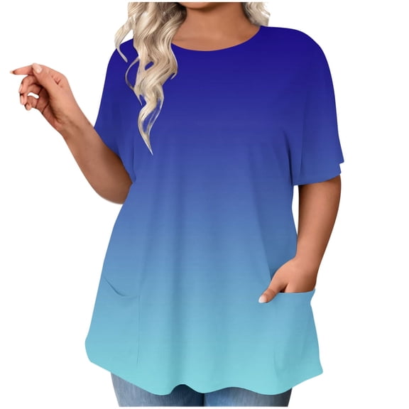 Olyvenn Plus Size Tunic Tops for Women Loose Fit Summer 2025 Oversized Gradient Womens Tshirts Shirts with Pockets Blue XXL