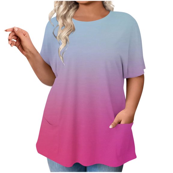 Olyvenn Plus Size Tunic Tops for Women Loose Fit Summer 2025 Oversized Gradient Womens Tshirts Shirts with Pockets Hot Pink XL