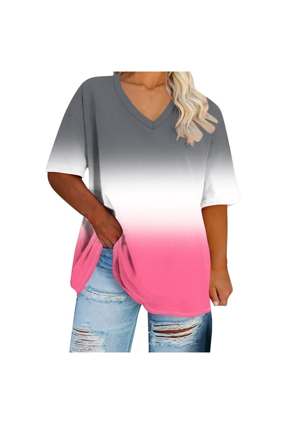 Plus Size V Neck Short Sleeve Tops for Women Casual Loose Fit Gradient Tshirts Oversized Tees Blouse Tunic Gift Hot Pink XXXXL