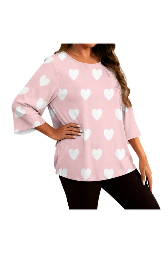 Plus Size Valentines Day Shirts Women 3/4 Sleeve Basic Tops Cute Love Heart Graphic Tees Fashion Valentines Crewneck Blouses Pink XXXXL