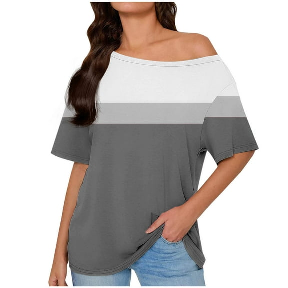 Olyvenn Plus Size Women's Color Block Short Sleeve T Shirts Cold Shoulder Casual Crew Neck Tops Basic Summer Loose Fit Tees Gray L