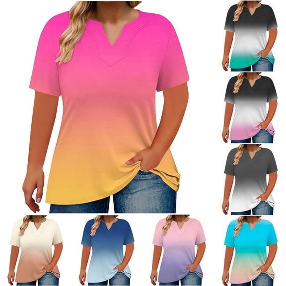 Olyvenn Plus Size Womens T Shirts Gradient Print Trendy Loose Summer Short Sleeve Blouse Crew Neck Dressy Casual Basic Tees Black L