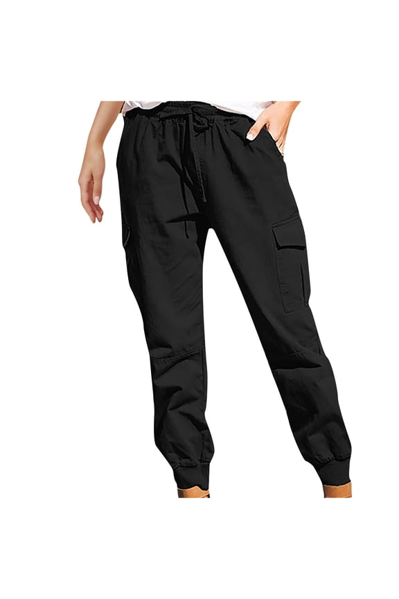 Pocket Cargo Pants Women's Plus Skinny Slim Fit Female Casual Outwear Fashion Women Drawstring Solid Elastic Waist for 2022 Women Tops Black XXXL