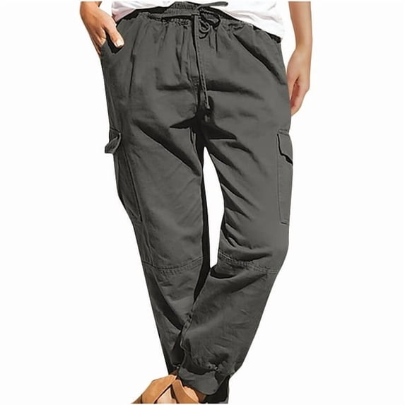 Olyvenn Pocket Cargo Pants Women's Plus Skinny Slim Fit Female Casual Outwear Fashion Women Drawstring Solid Elastic Waist for 2023 Women Tops Gray