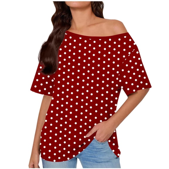 Olyvenn Polka Dots Plus Size Tops for Women 2026 Summer Loose Off Shoulder Blouse Trendy Casual Short Sleeve Tunic Tee Shirts Red L
