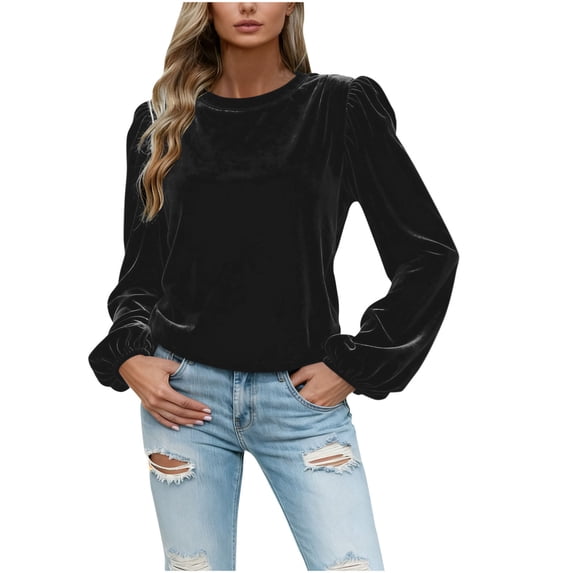 Olyvenn Puff Sleeve Shirts for Women Dressy Velvet Tops Elegant Long Sleeve Velour Blouses Casual Crewneck Work Shirt Black L