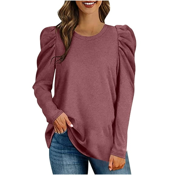 Olyvenn Puff Sleeves Sweatshirt Tops Blouse Women's Plus Size Loose Female Casual Outwear Women's Fashion Long Sleeve Solid Color for 2022 Women Tops Wine S