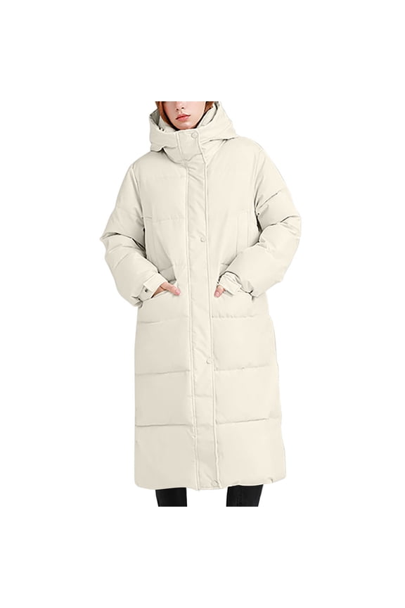 Puffer Jacket Womens Full Zipper Hooded Long Down Coat Long Sleeve Solid Casual Thermal Padded Coat with Pockets White XXL