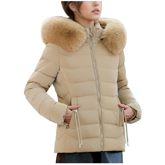 Olyvenn Puffer Jacket Womens Plus Size Faux Fur Collar Hoodie Padded Coat Long Sleeve Down Coat with Drawstring Pockets Khaki XXL