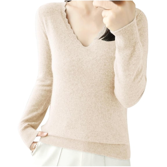 Olyvenn Pullover Sweaters for Women Trendy V-Neck Knit Fashion Tops Casual Long Sleeve Ribbed Knitted Fall Sweater Outfits Beige S