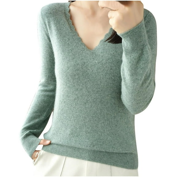 Olyvenn Pullover Sweaters for Women Trendy V-Neck Knit Fashion Tops Casual Long Sleeve Ribbed Knitted Fall Sweater Outfits Green M