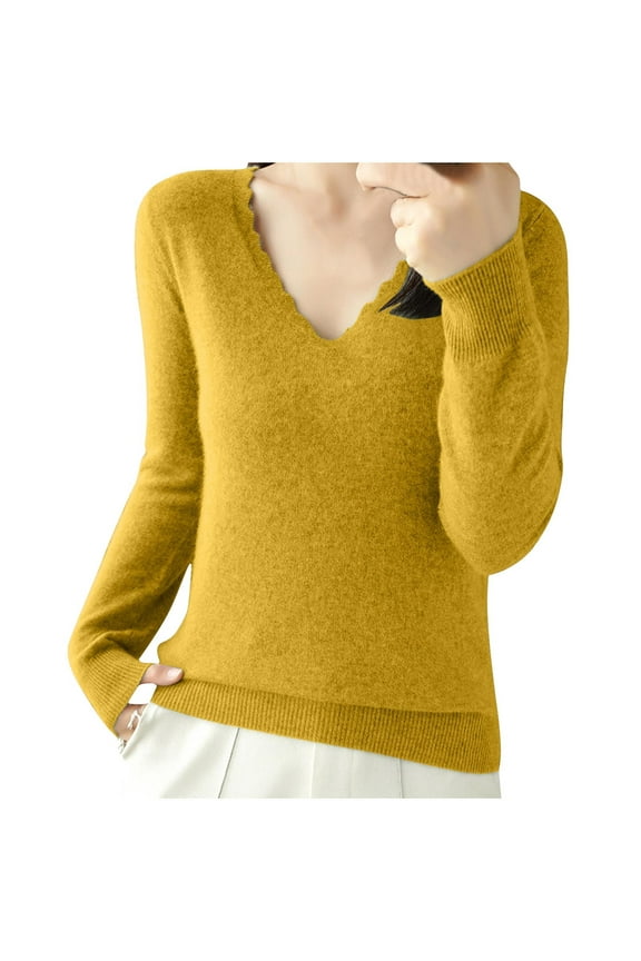 Pullover Sweaters for Women Trendy V-Neck Knit Fashion Tops Casual Long Sleeve Ribbed Knitted Fall Sweater Outfits Yellow S