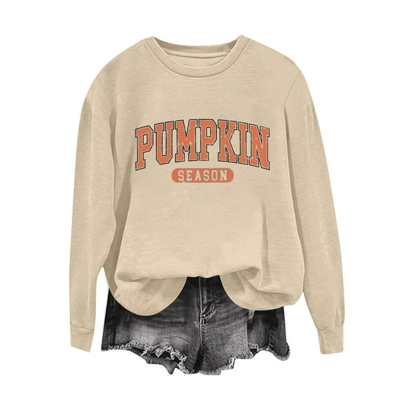 Olyvenn Pumpkin Season Sweatshirt Fall Shirt Women Fall Crewneck Tops Thanksgiving Halloween Embroidered Pullover Outfits Khaki M