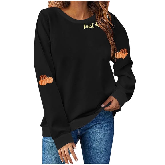 Olyvenn Pumpkin Sweatshirt for Women Crewneck Fall Sweatshirts Thanksgiving Graphic Tee Shirt Long Sleeve Pullover Tops Black L