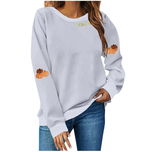 Olyvenn Pumpkin Sweatshirt for Women Crewneck Fall Sweatshirts Thanksgiving Graphic Tee Shirt Long Sleeve Pullover Tops Gray S
