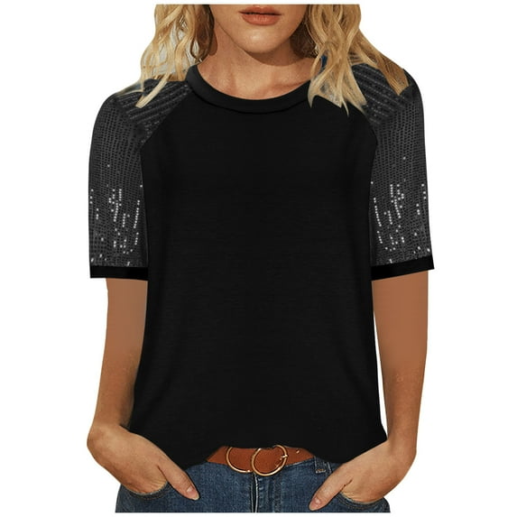 Olyvenn Raglan Shirt Womens Sequins Short Sleeve Tops Basic T Shirt Casual Crewneck Stylish T Shirts Color Block Tees Black M