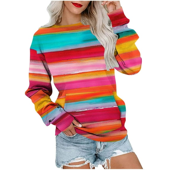 Olyvenn Rainbow Sweatshirt for Women Baggy Crew Neck Sweaters Trendy Graphic Sweatshirts Casual Work Sweater with Pocket Hot Pink XL