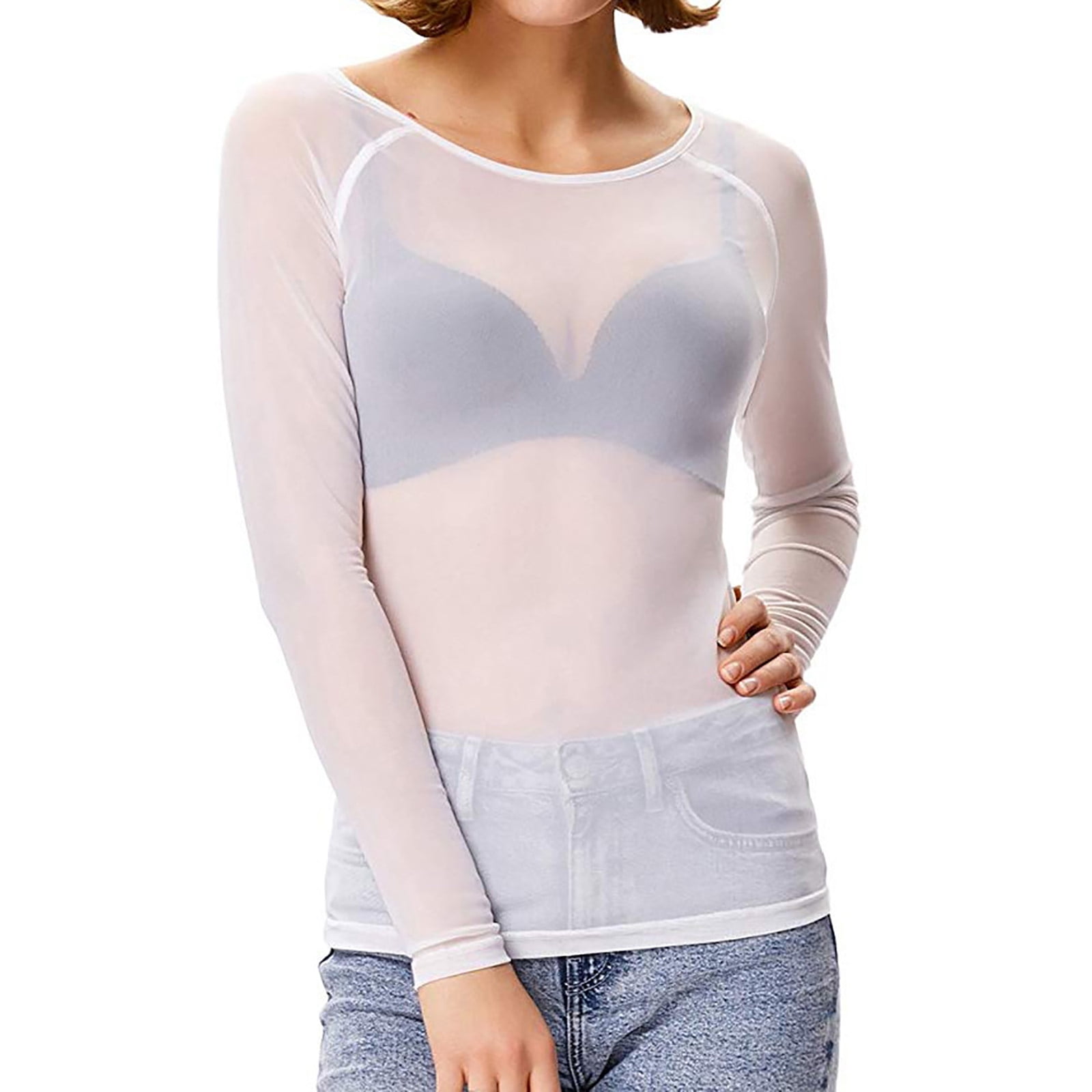 Olyvenn Reduced Mesh Splicing Shirts for Women Fashion Ladies Solid Sexy  See-Through Long Sleeve Slim Fit Crew Neck Hollow Seamless Arm Shaper Top