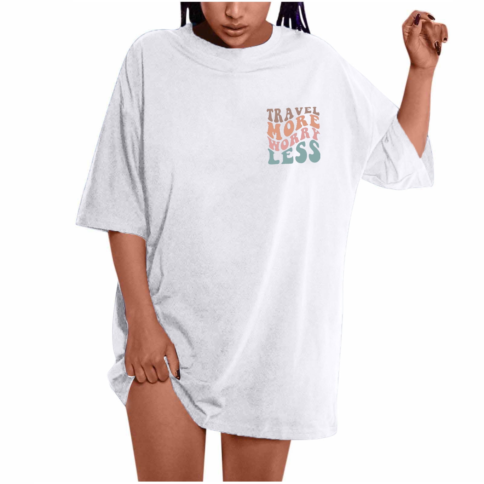 Olyvenn Reduced Slogan Graphic Oversized Shirts for Women TRAVEL MORE  WORRY LESS Womens Plus Size Summer Tops Drop Shoulder Short Sleeve Loose