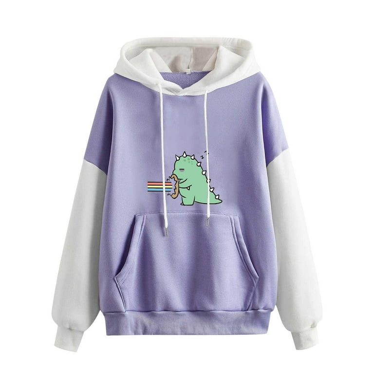 Olyvenn Reduced Sweatshirts for Women Drawstring Hoodie Long Sleeve Loose Casual Fashion Ladies Cute Small Dinosaur Print Kangaroo Pocket Color Stitching Female Leisure Purple XL Walmart