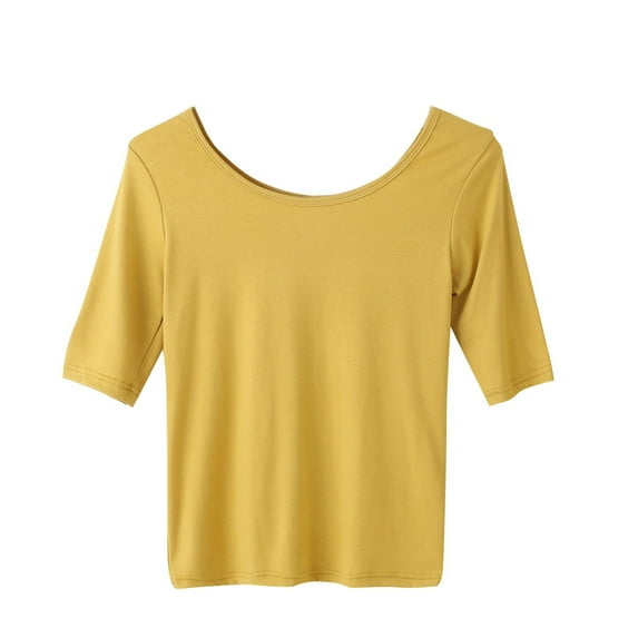 Olyvenn Regular Street Style Crop Top Scoop Neck Tee for Womens Cotton Tshirt Soft Comfy Short Sleeve Bottomed Shirt Yellow XL