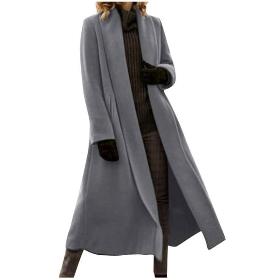 Olyvenn Fashion Women's Elegant Shawl Collar Open Front Wool Coat Formal Work Mid Long Winter Pea Coat Long Windbreaker Trench Coat Gray 12