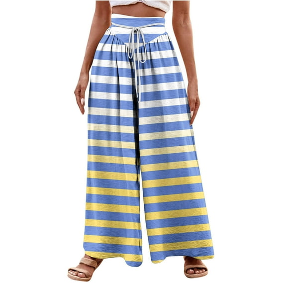 Olyvenn Ruched High Cut Striped Flare Wide Leg Long Boot Cut Leg for Women Spring Summer Trousers Pants Women 2025 Yellow 12