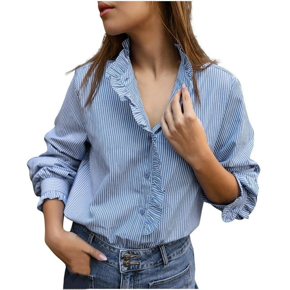 Olyvenn Ruffle Striped Shirts for Women Dressy Casual Stand Collar Blouse Retro Button Down Long Sleeve Business Tops Blue M