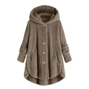 Olyvenn Sales Comfy Women Plus Size Button Plush Tops Hooded Loose Cardigan Wool Coat Winter Jacket Plus Size Long Sleeve Casual Outwear Jackets for Ladies Gifts Khaki 16