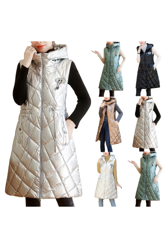 Sales Women Warm Pocket Hooded Coat Long Jacket Winter Sleeveless Down Parkas Plus Size Thick Fleece Plush Parkas for Teen Girls Love Black 6