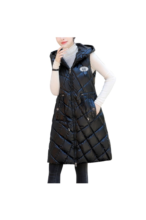 Sales Women Warm Pocket Hooded Coat Long Jacket Winter Sleeveless Down Parkas Plus Size Thick Fleece Plush Parkas for Teen Girls Love Black 8