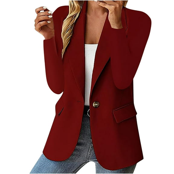 Olyvenn Sales Women's Fashion Solid Button Suit Coat Lapel Long Sleeve Hatless Casual Coat/Jacket Oversized Work Office Business Blazer for Teen Girls Love Wine 12
