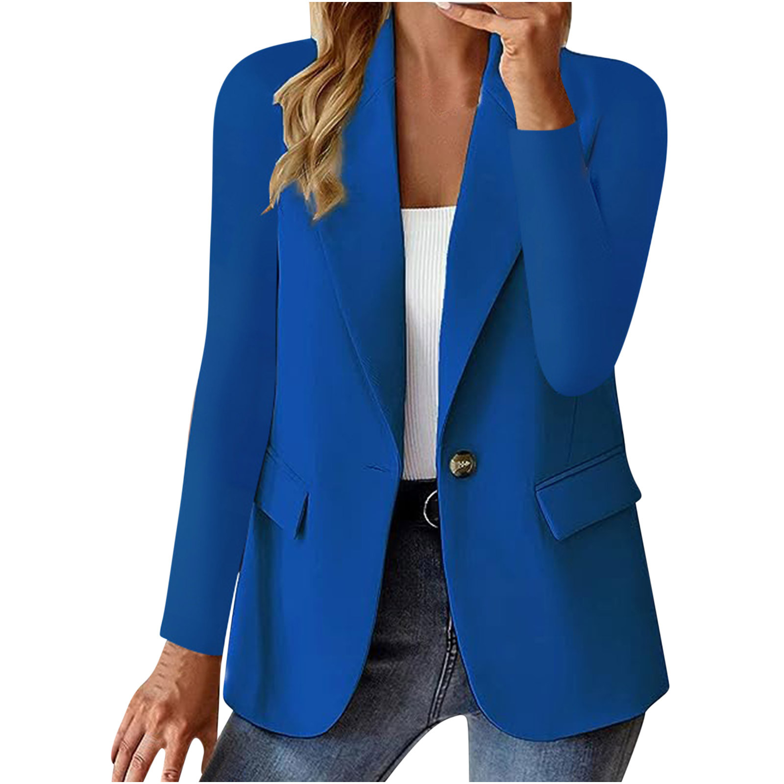 Olyvenn Sales Women's Fashion Solid Button Suit Coat Lapel Long Sleeve  Hatless Casual Coat/Jacket Oversized Work Office Business Blazer for Teen  Girls Love Blue 12 