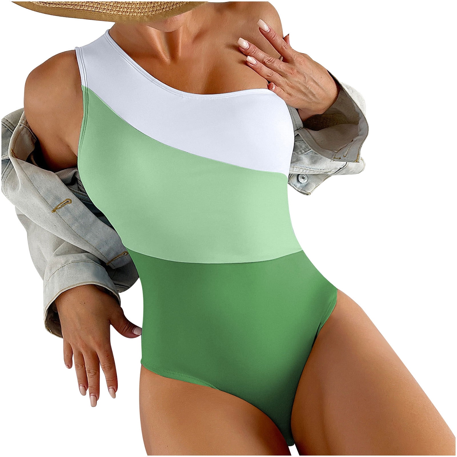 Olyvenn Sales Women's One Piece Bodysuit Strappy Tight Bathing Suit  Colorblock Beachwear Summer Fashion Cozy Outfits for Girls One Shoulder  Swimwear Sets Female Leisure Green 4 
