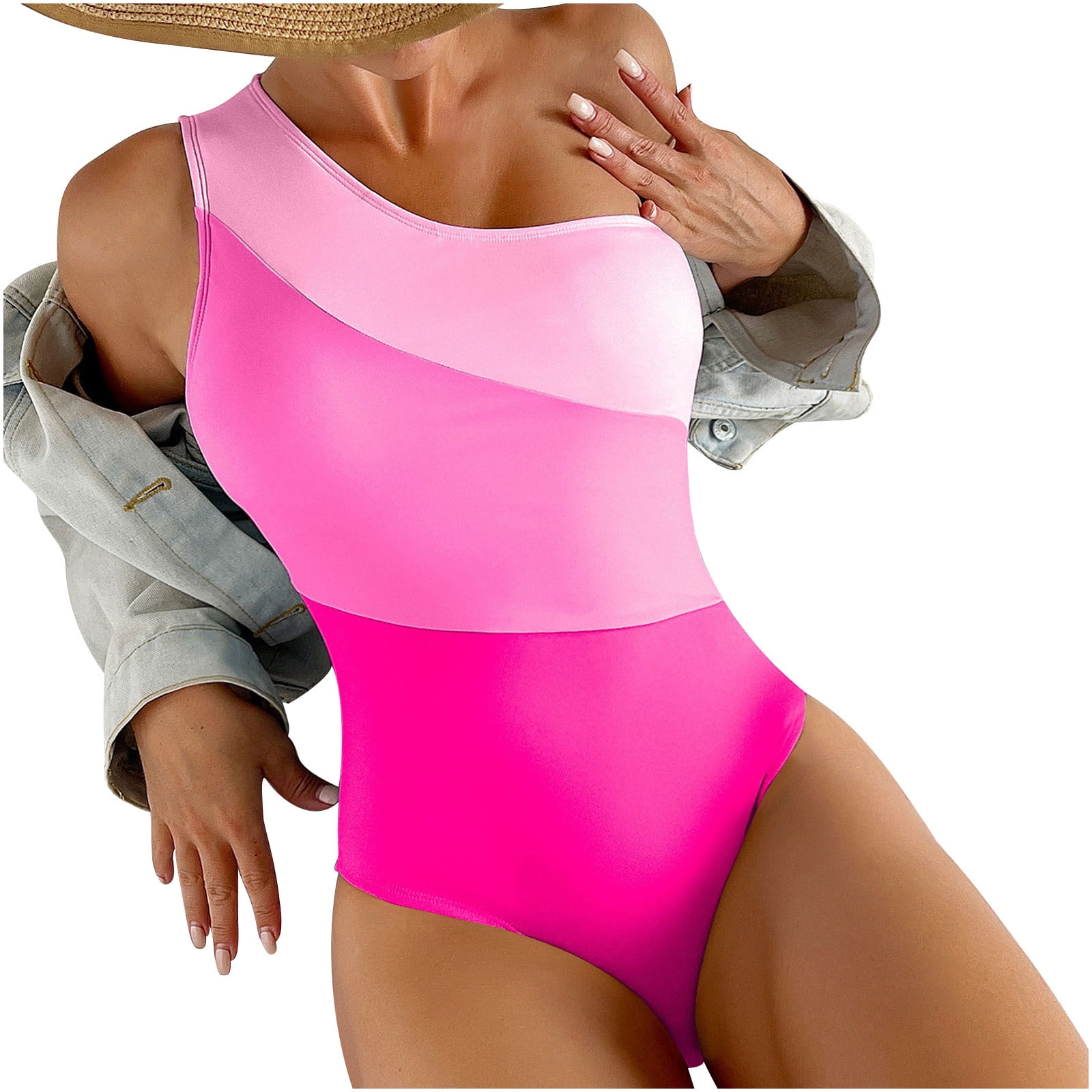 Olyvenn Sales Women's One Piece Bodysuit Strappy Tight Bathing Suit  Colorblock Beachwear Summer Fashion Cozy Outfits for Girls One Shoulder  Swimwear