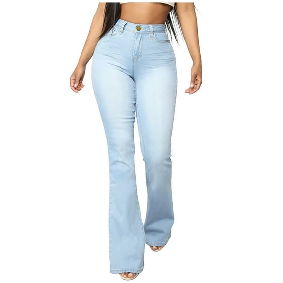 Olyvenn Sales Women's Plus Size Casual Denim Pants Stretchy Bell Bottoms Jeans Solid Color Lightweight High Waist Gifts for Trendy Girls Love Light Blue 8