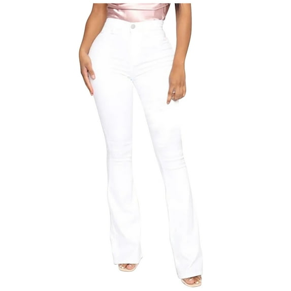 Olyvenn Sales Women's Plus Size Casual Denim Pants Stretchy Bell Bottoms Jeans Solid Color Lightweight High Waist Gifts for Trendy Girls Love White 6